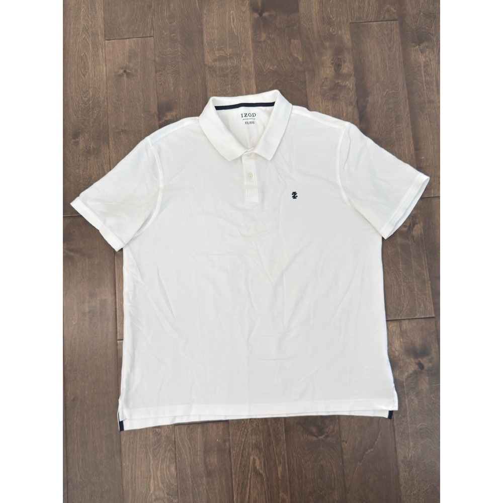 Izod Polo Shirt Mens Size 2XL White Short Sleeve Button Front Navy Blue Logo